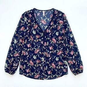 Xhilaration Floral Peasant Blouse Blue Pink Rope V Neck Long Sleeve Womens XS